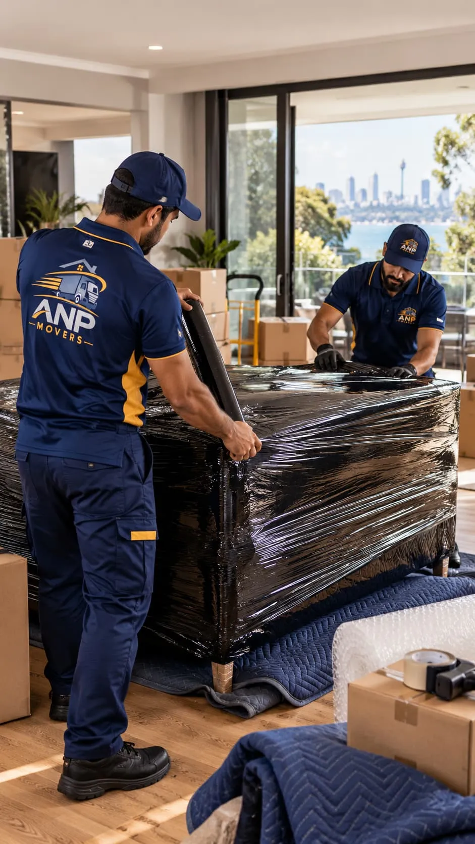 Packed moving boxes in a sunlit room